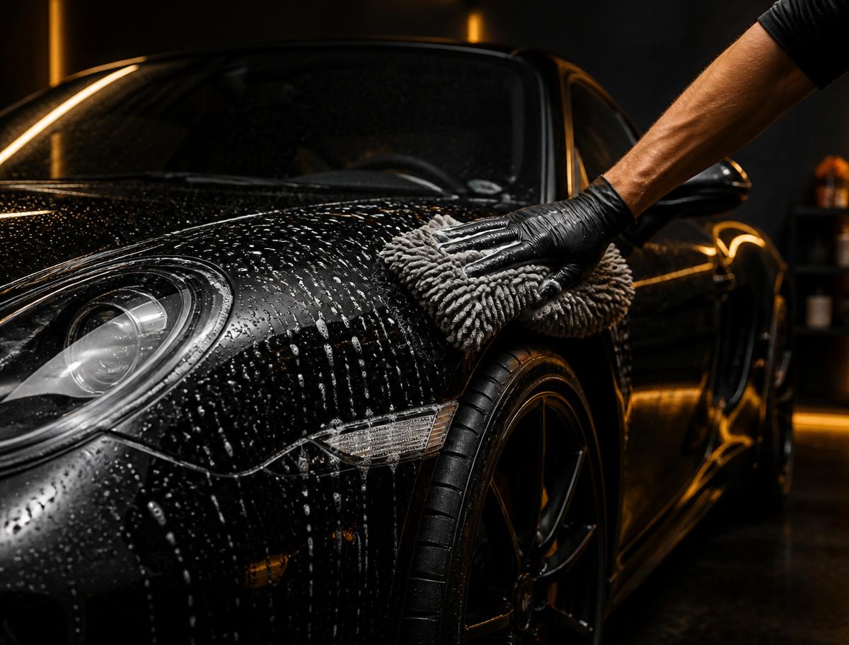 A glossy black sports car being carefully hand washed